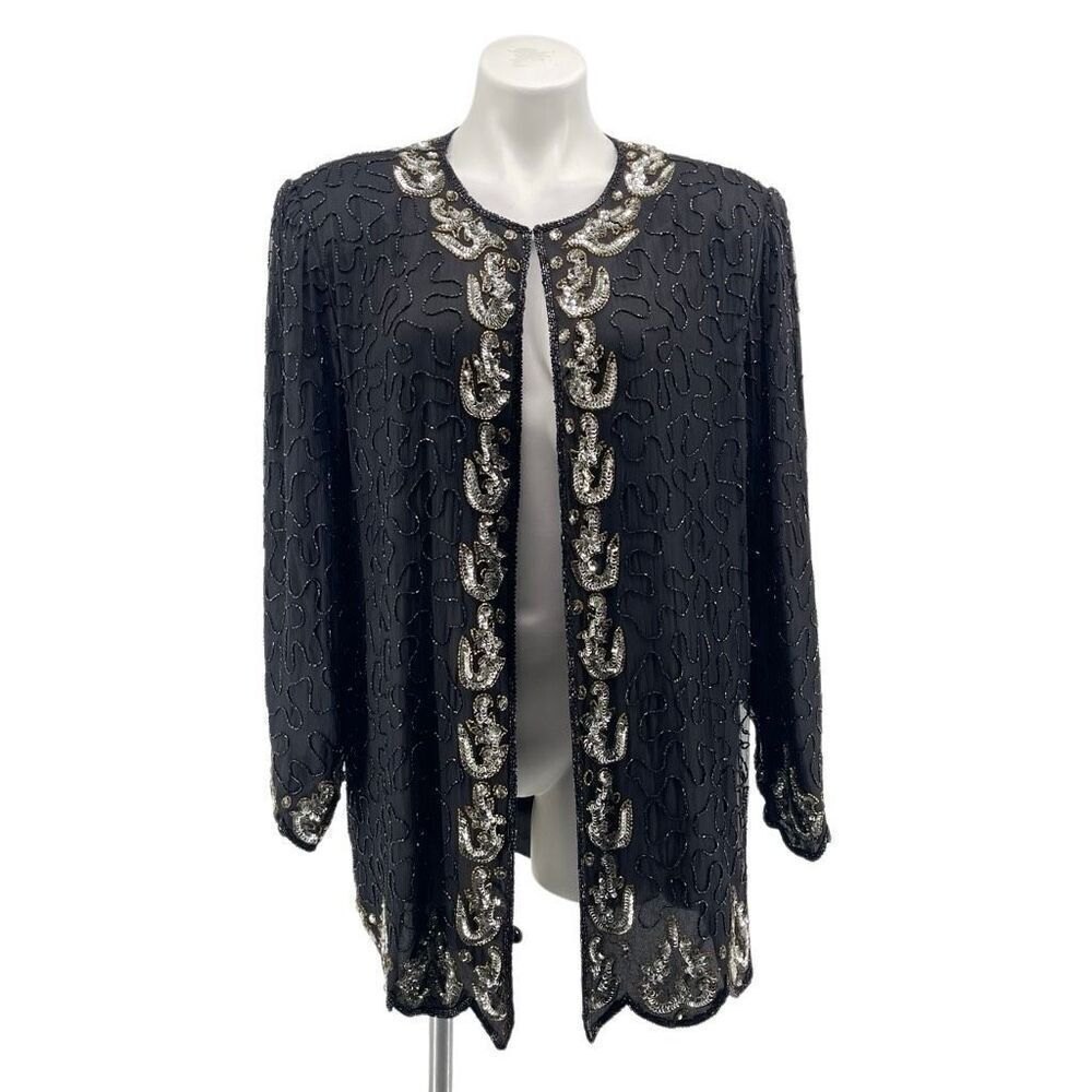 Vintage SCALA Silk Beaded Sequin Evening Glam Jacket Black Open Front XL